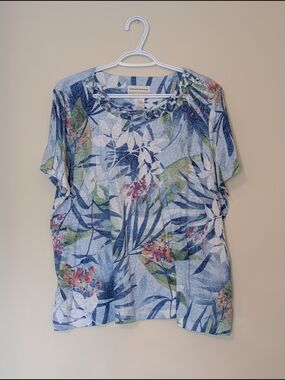 Alfred Dunner Blue Tropical Leaf Print Short Sleeve Tee, Size 2X